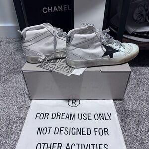 Golden Goose White High-Top Sneakers with Black Star and Silver Laces